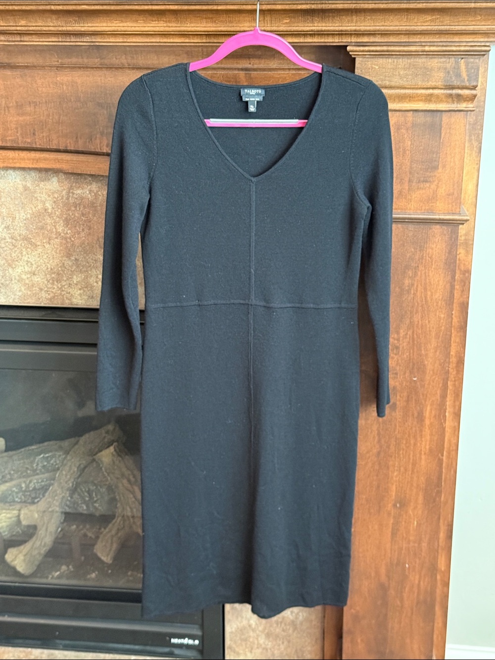 Talbots Petites MP Black 100% Pure Merino Wool V Neck Sweater Dress Long Sleeve